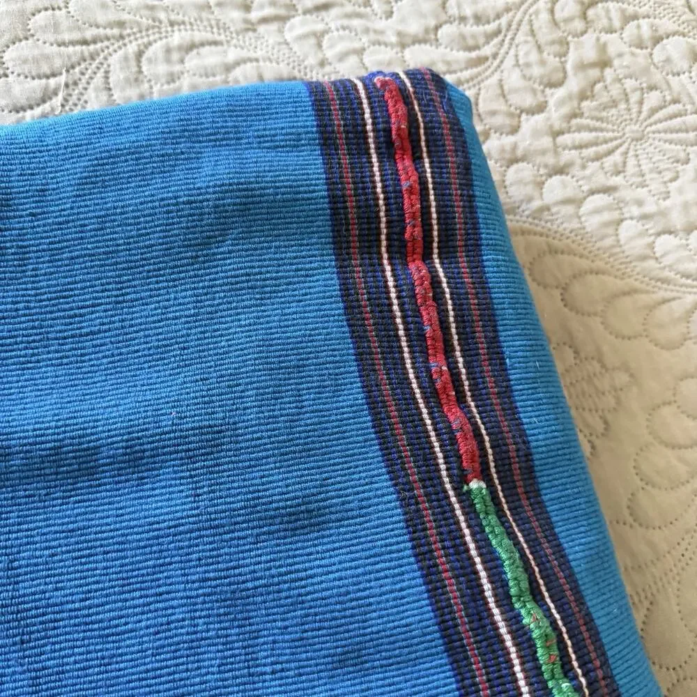 Guatemalan Woven Blanket Throw Textile Blue Fringe Traditional 82” x 88”